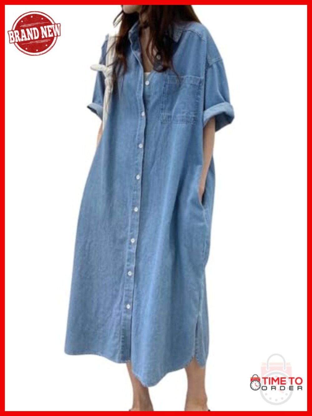 Women's Casual Short Sleeve Long Denim Shirt Dress Button Down Loose Fit Midi - Picture 1 of 5